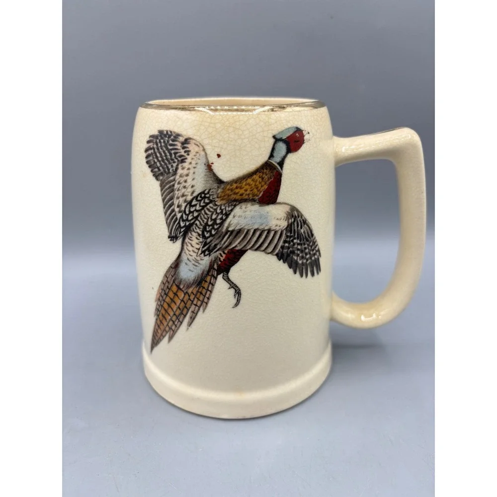 Vintage Pheasant Beer Stein Ceramic‎ Mug Hunting Bird Poem Gold Trim
